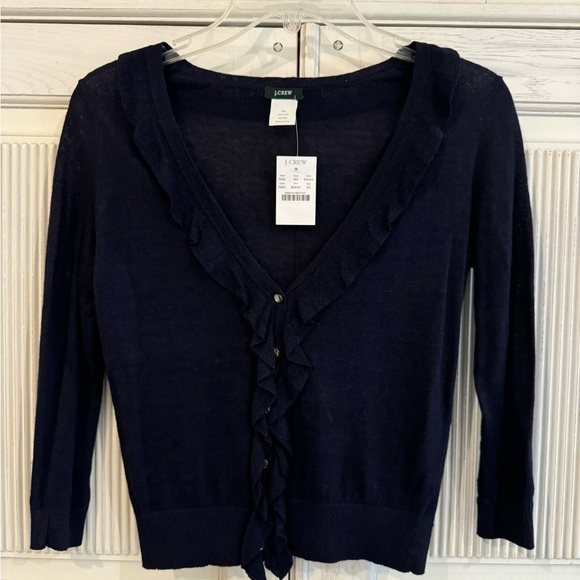 J CREW Womens Navy Linen V-Neck Sweater With Ruffles and Buttons - Picture 2 of 15